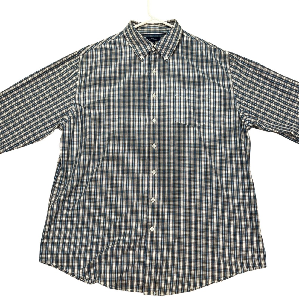 Croft & Barrow Men's Brown Blue Plaid Shirt XL Long Sleeve Flip Cuff EUC